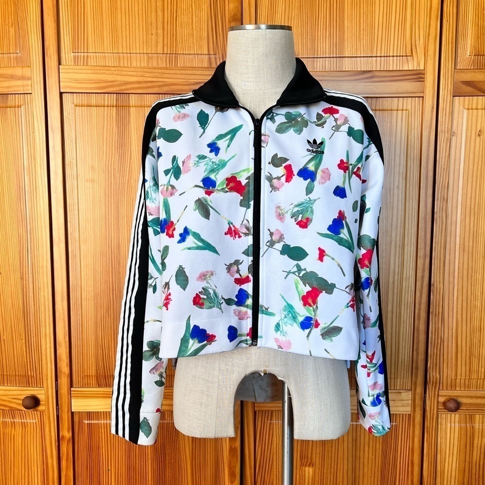 Adidas Trefoil Stripes Floral Cropped Full Zip Track Jacket Casual Trendy - Picture 2 of 10